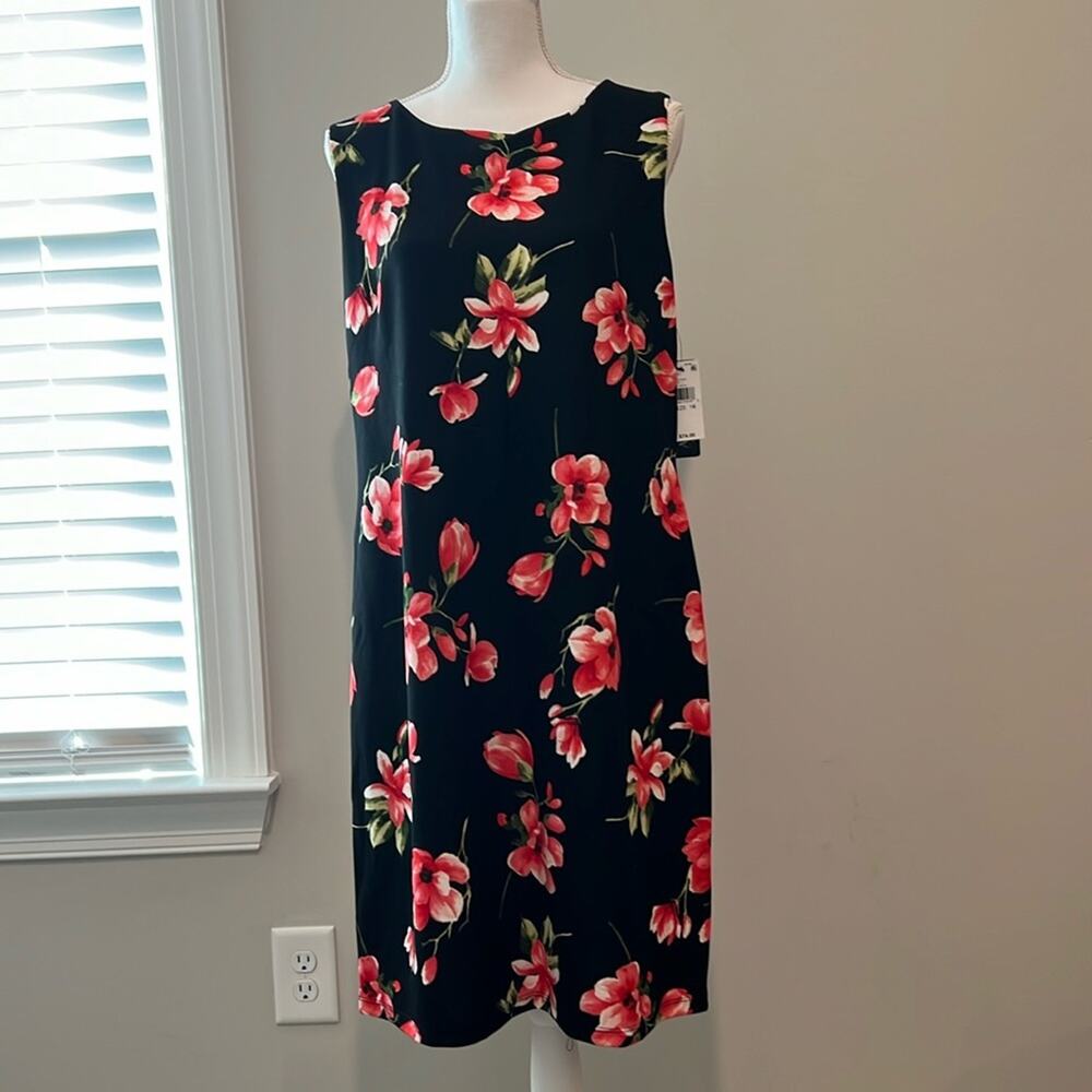 NWT $74 AGB Plus Size 16 Essential Sheath Black Red Floral Dress Career Midi